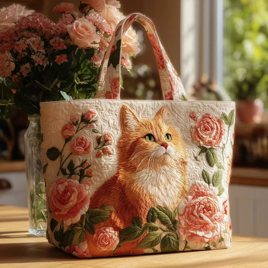 Bolso artesanal - Gato pelirrojo con rosas