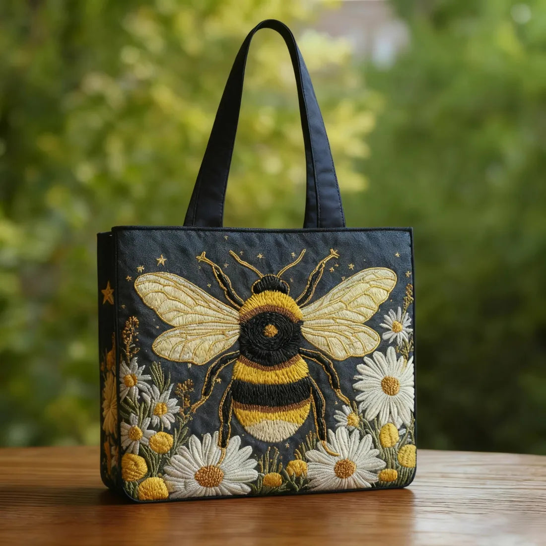 Bolso artesanal - Abeja con margaritas y estrellas