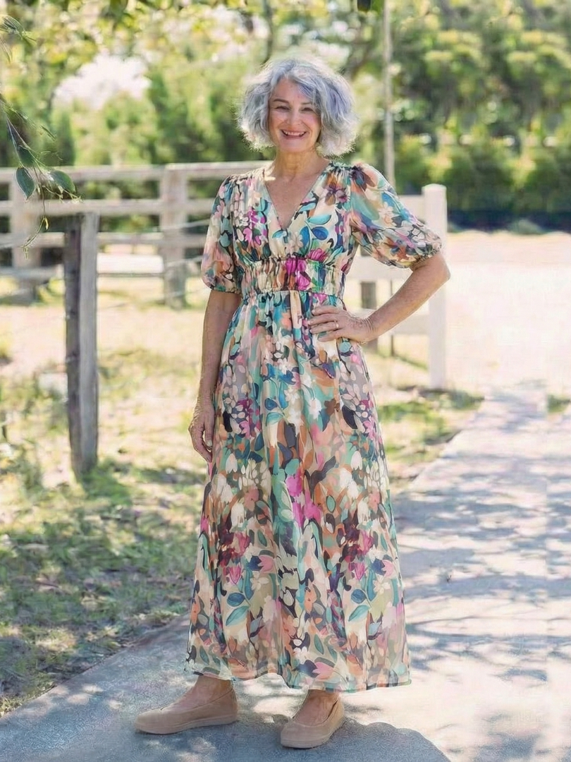 Eulalie | Vestido Midi con Escote en V, Manga Corta y Cintura Fruncida