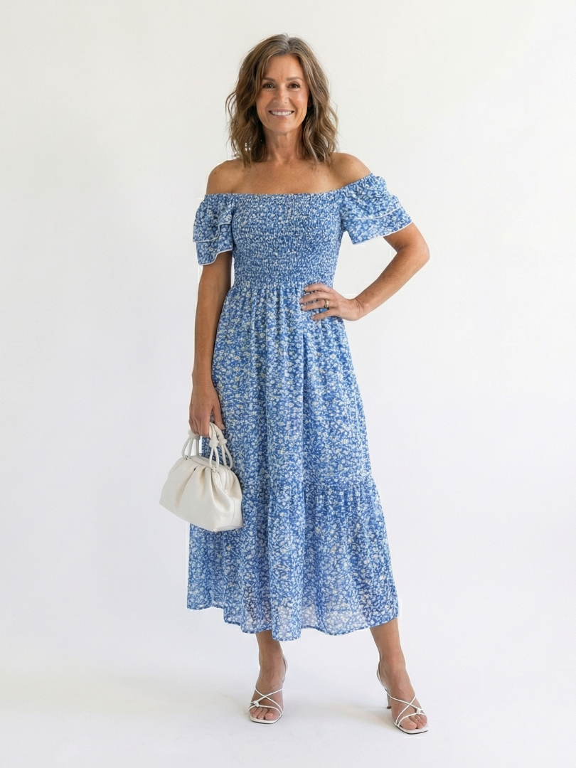 Odette | Vestido Midi Floral Fruncido con Hombros Descubiertos