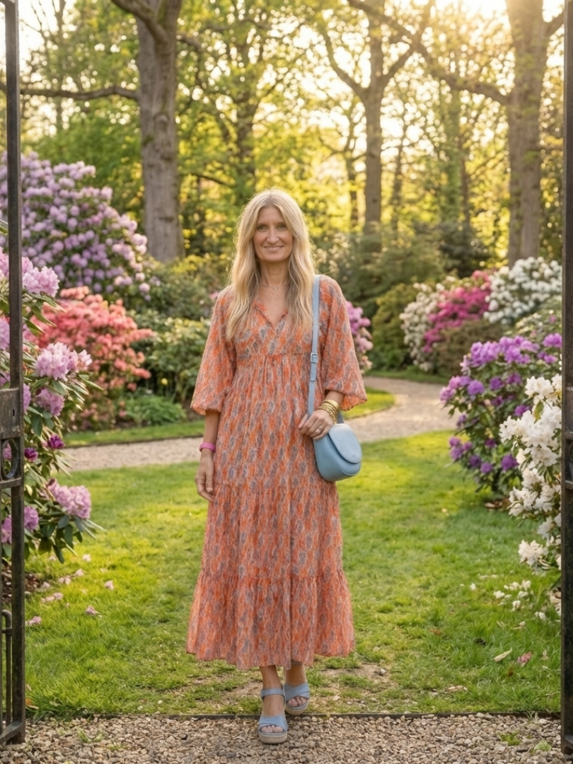 Amara | Vestido Midi con Escote en V y Estampado Geométrico por Niveles