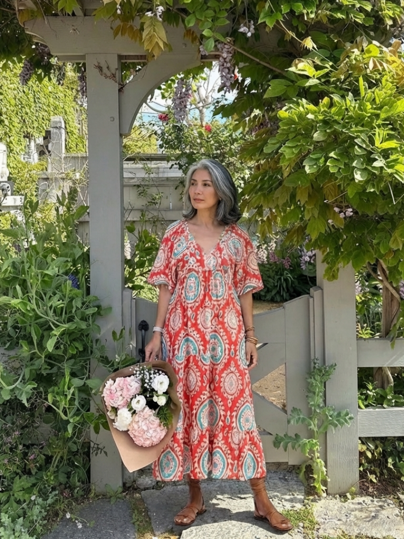 Zaria | Vestido Midi Paisley con Escote en V y Manga Corta