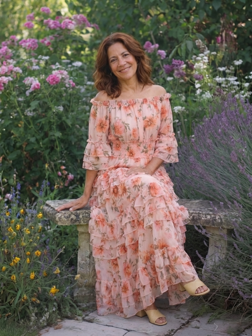 Rosalie | Vestido Maxi Floral con Volantes, Niveles y Hombros Descubiertos