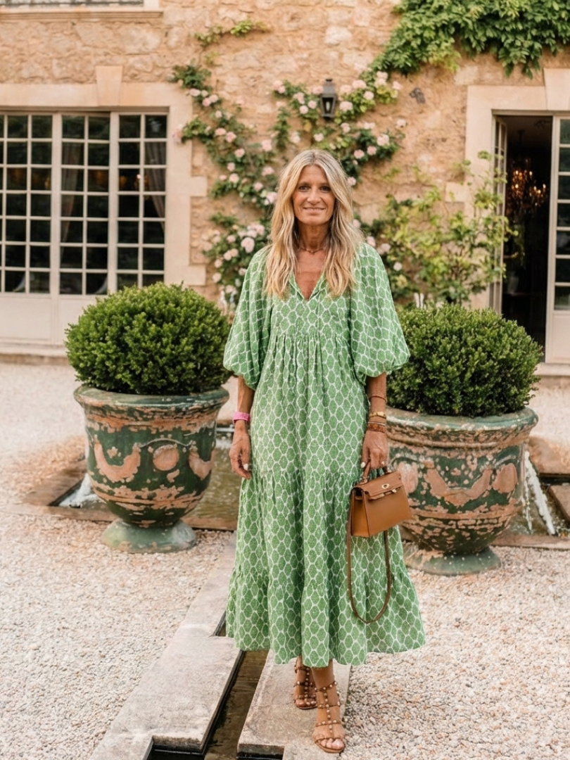 Apolline | Vestido Midi con Estampado y Escote en V de Manga Tres Cuartos
