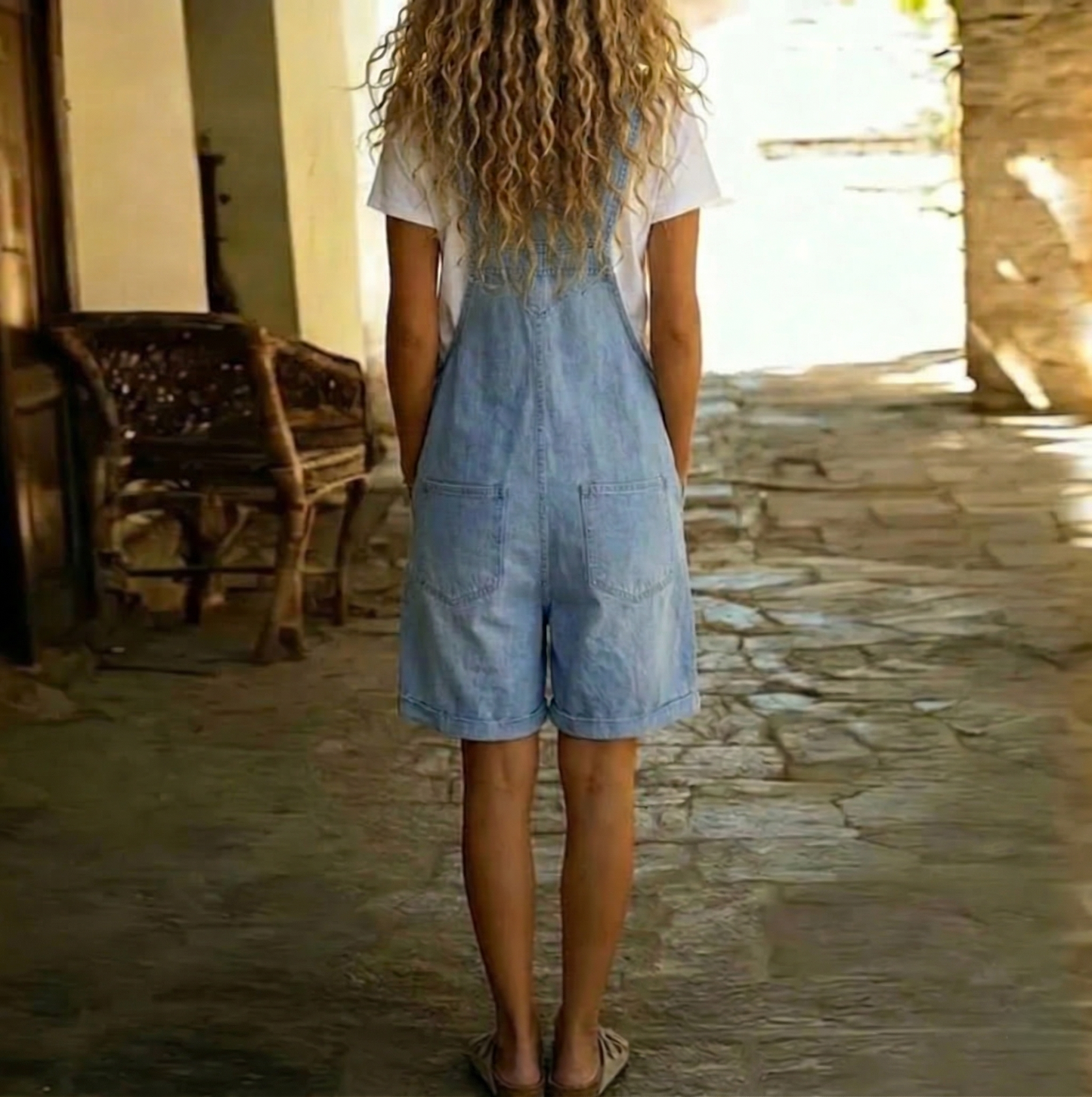 Isabel - Mono corto de denim con tacto suave de algodón y lavado vintage, azul claro