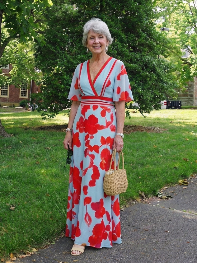 Corinne | Vestido Maxi Floral con Escote en V y Manga Corta