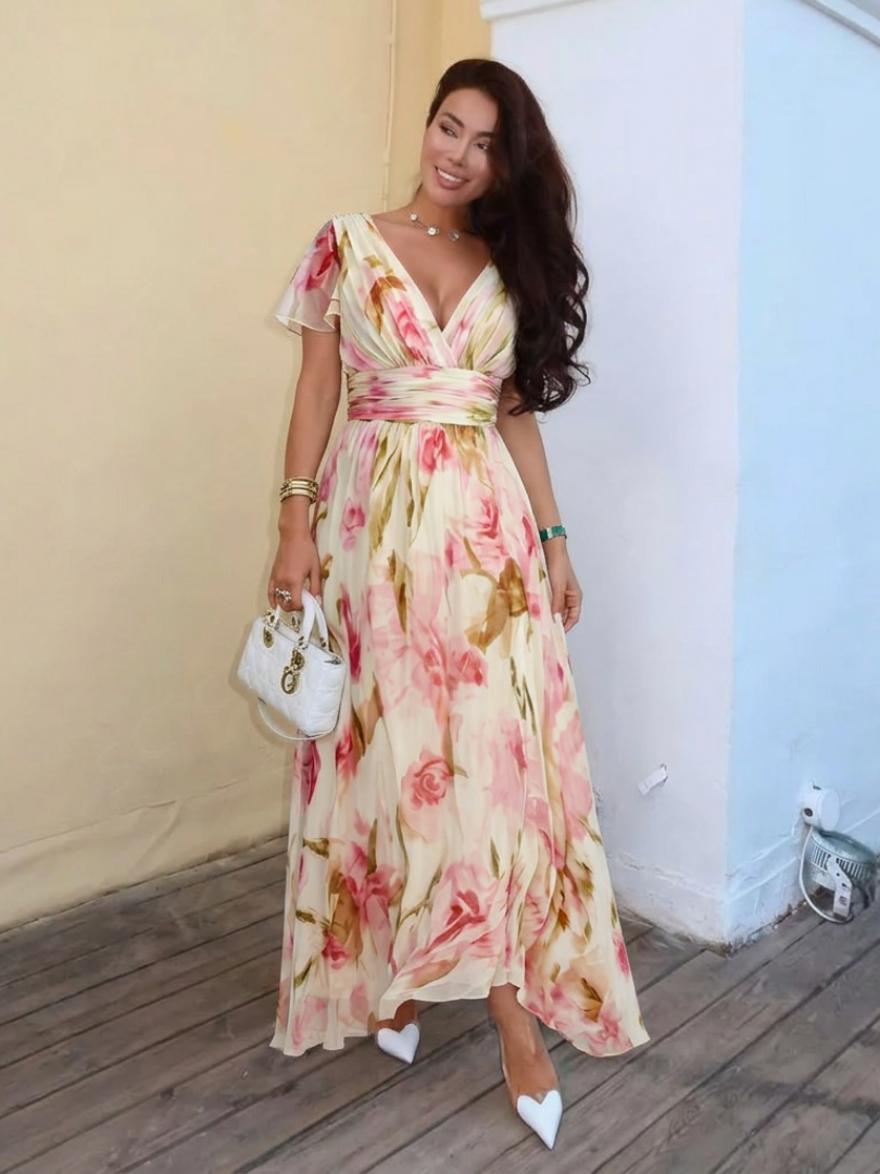 Elara | Vestido Maxi Floral con Escote en V y Manga Corta