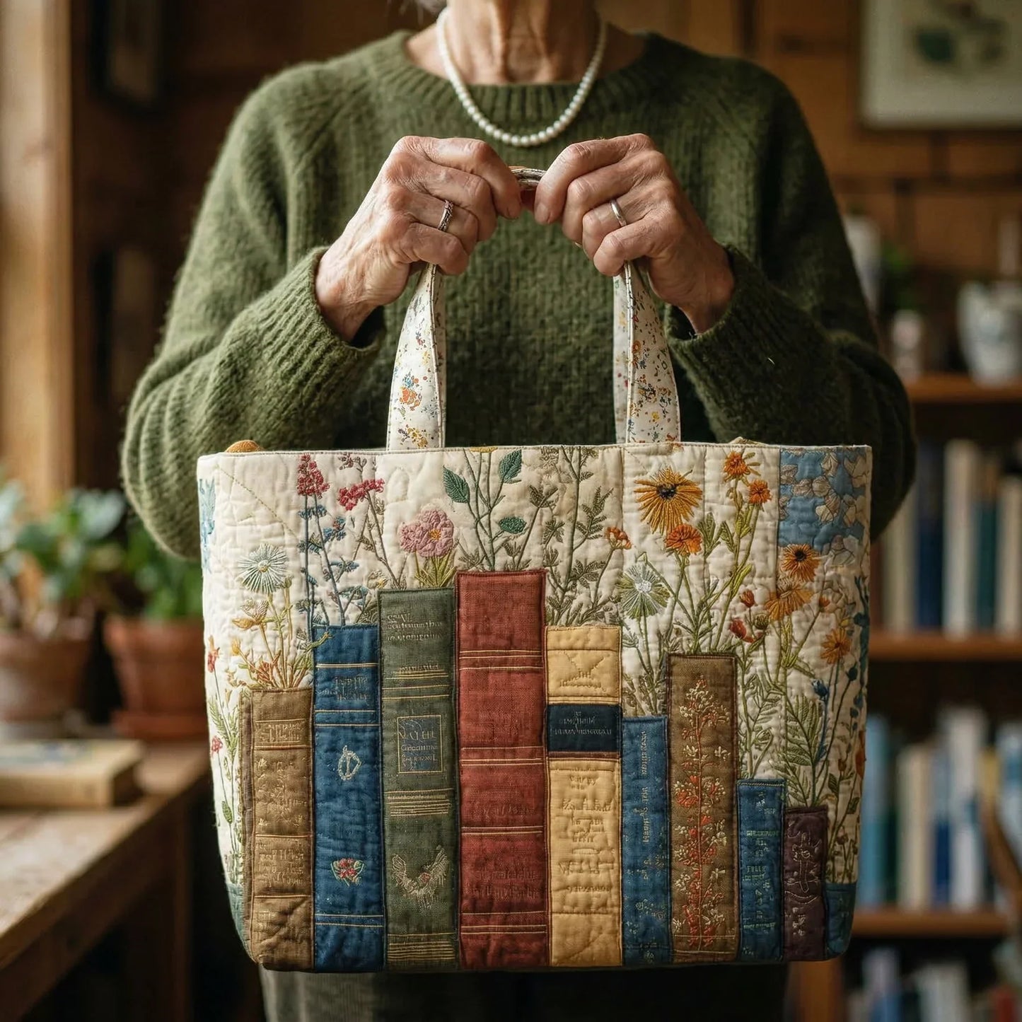 Bolso artesanal acolchado - Libros y flores