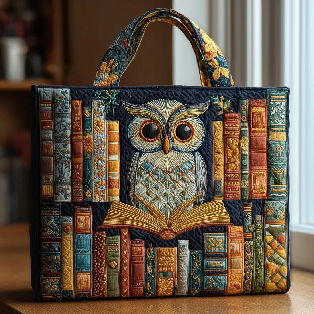 Bolso artesanal: búho y libros antiguos