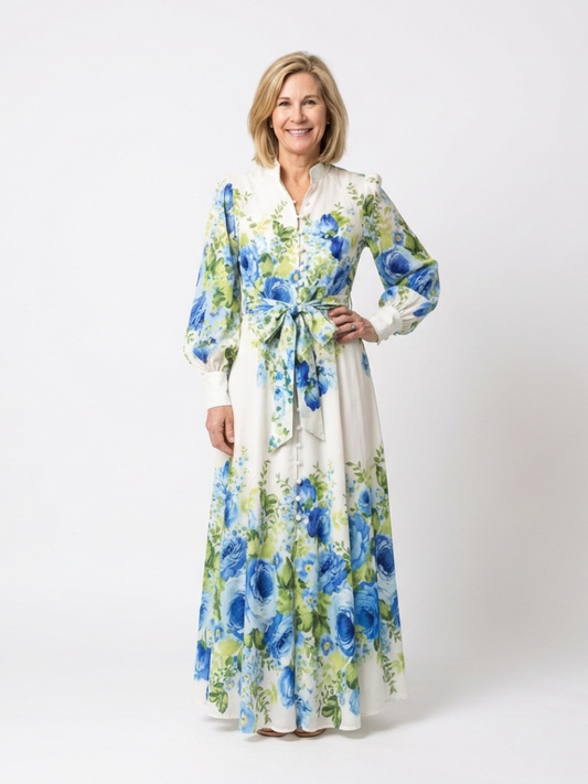 Harper | Vestido Maxi Floral de Manga Larga con Botones Delanteros