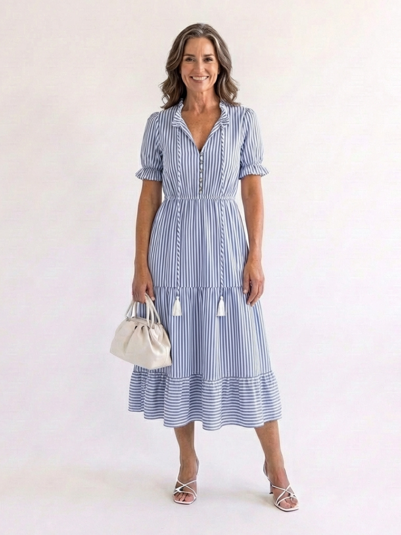 Dakota | Vestido Midi a Rayas por Niveles de Manga Corta