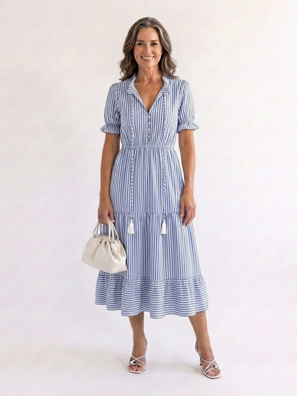 Dakota | Vestido Midi a Rayas por Niveles de Manga Corta