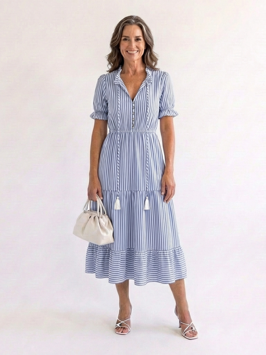Dakota | Vestido Midi a Rayas por Niveles de Manga Corta
