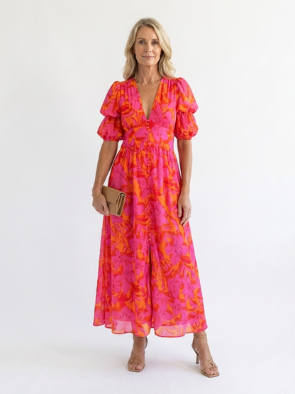 Willow | Vestido Midi Floral con Escote en V y Manga Abullonada