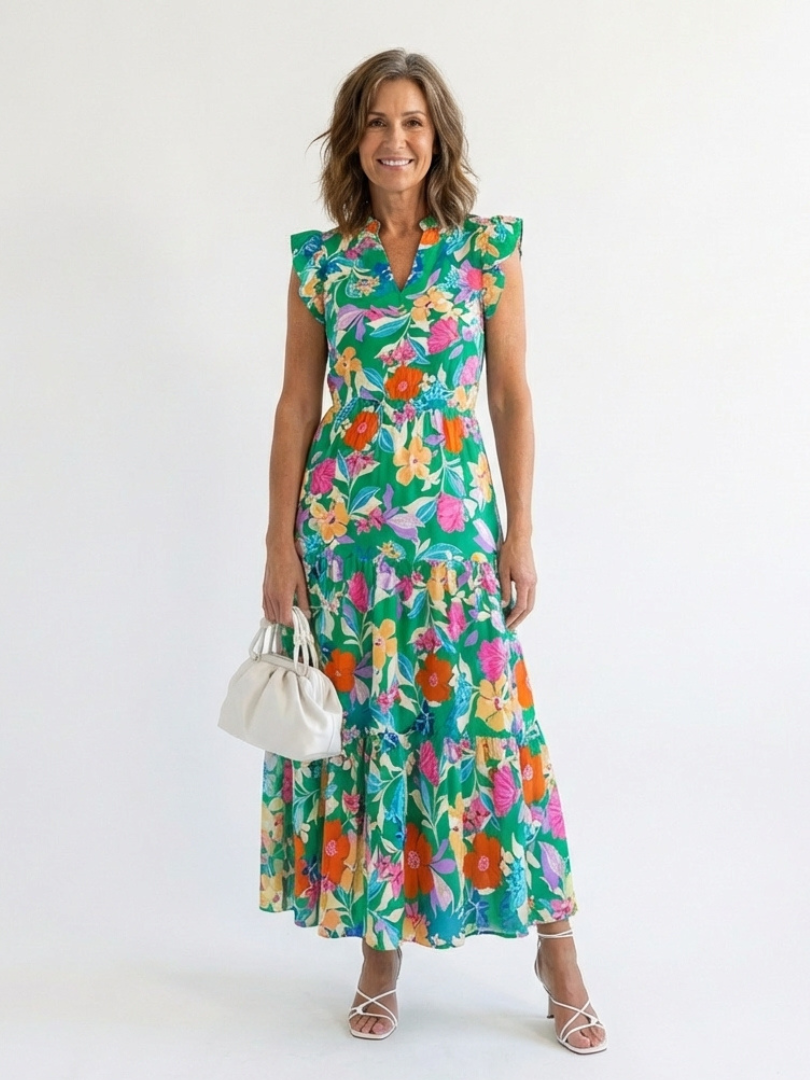 Lila | Vestido Midi Floral por Niveles con Escote en V