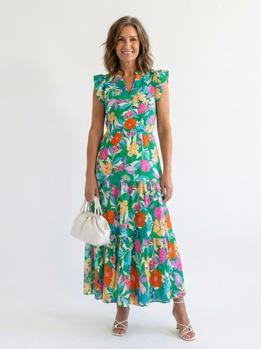 Lila | Vestido Midi Floral por Niveles con Escote en V