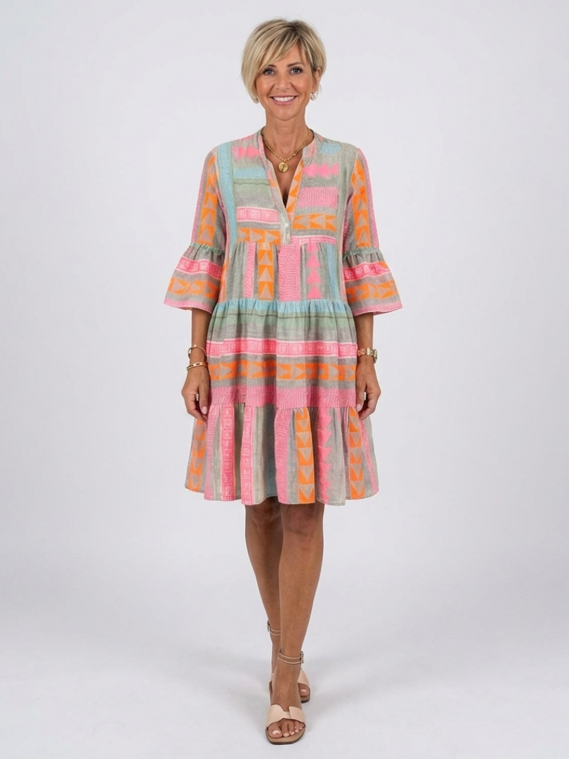 Maelle | Vestido hasta la Rodilla por Niveles con Estampado Geométrico y Escote en V