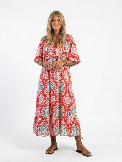 Zaria | Vestido Midi Paisley con Escote en V y Manga Corta