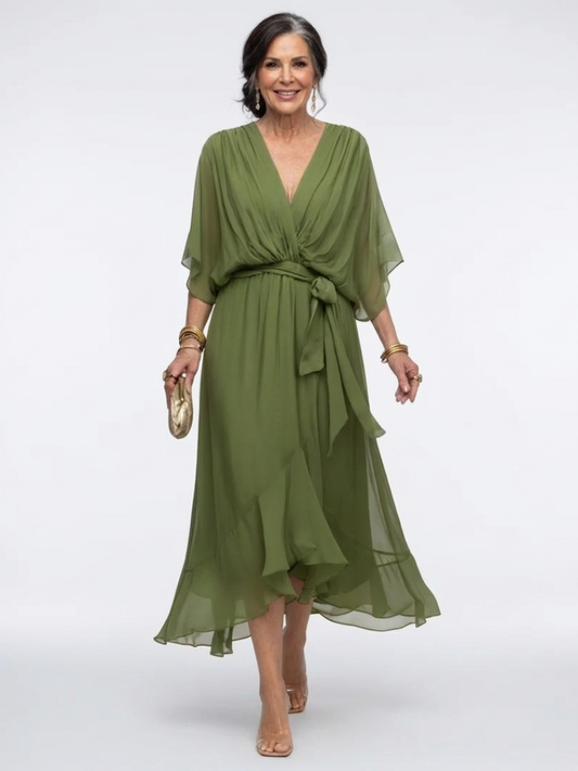Elysia | Vestido Midi con Escote en V, Cintura Drapeada y Lazada
