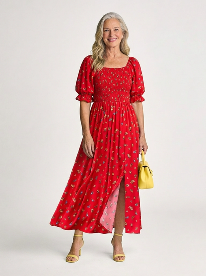 Delphine | Vestido Midi Floral con Cuello Cuadrado y Manga Abullonada