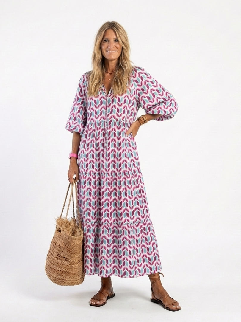 Mireya | Vestido Midi por Niveles de Manga Larga con Estampado Geométrico