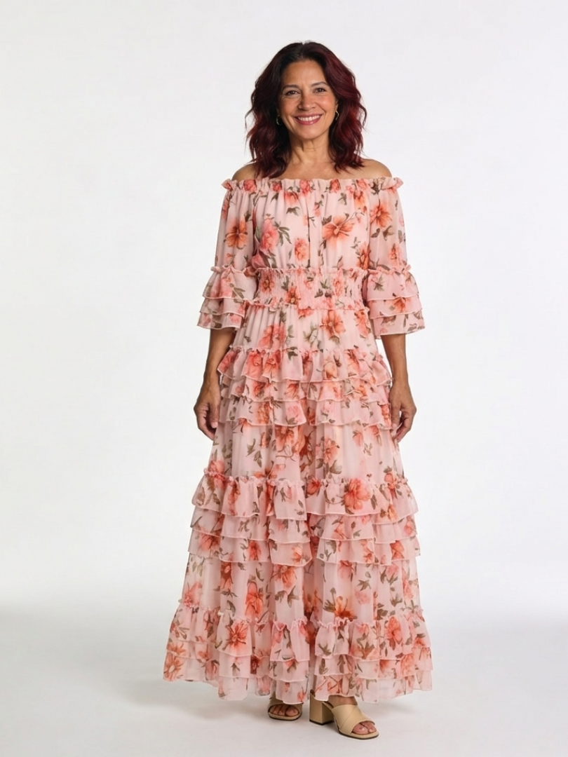 Rosalie | Vestido Maxi Floral con Volantes, Niveles y Hombros Descubiertos