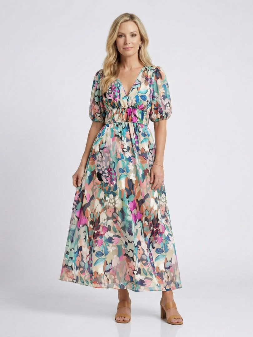 Eulalie | Vestido Midi con Escote en V, Manga Corta y Cintura Fruncida