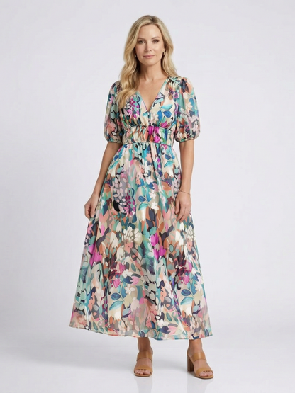 Eulalie | Vestido Midi con Escote en V, Manga Corta y Cintura Fruncida