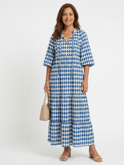 Elodie | Vestido Midi por Niveles con Estampado de Rombos