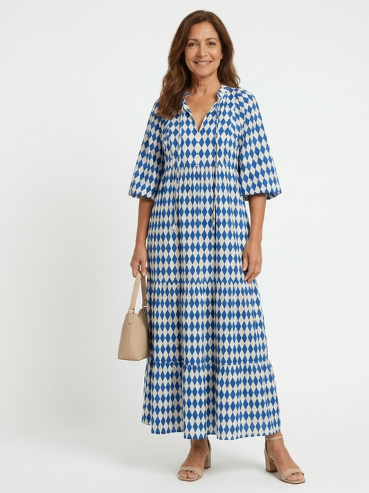 Elodie | Vestido Midi por Niveles con Estampado de Rombos