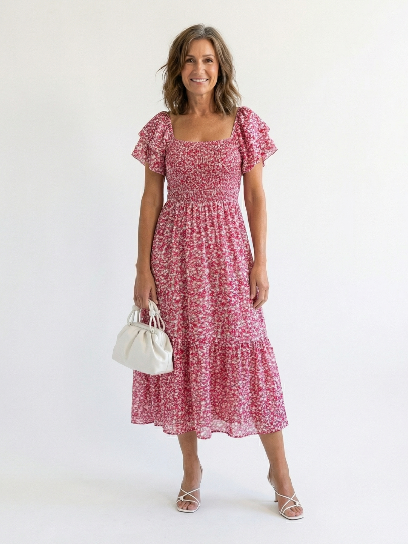 Odette | Vestido Midi Floral Fruncido con Hombros Descubiertos