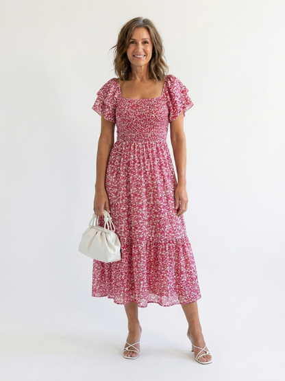 Odette | Vestido Midi Floral Fruncido con Hombros Descubiertos