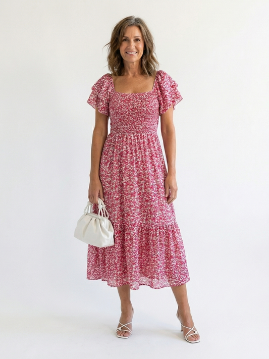 Odette | Vestido Midi Floral Fruncido con Hombros Descubiertos