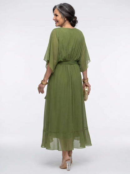 Elysia | Vestido Midi con Escote en V, Cintura Drapeada y Lazada