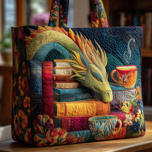 Bolso artesanal: dragón leyendo libros y tazas