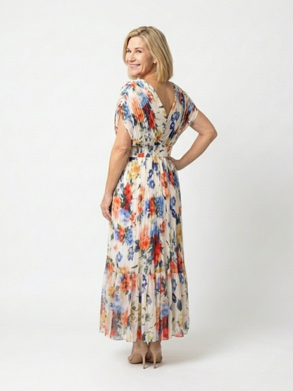 Savannah | Vestido Midi Floral Plisado de Manga Corta