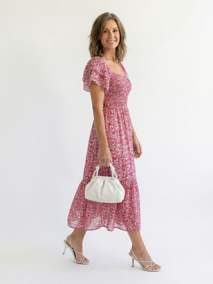 Odette | Vestido Midi Floral Fruncido con Hombros Descubiertos