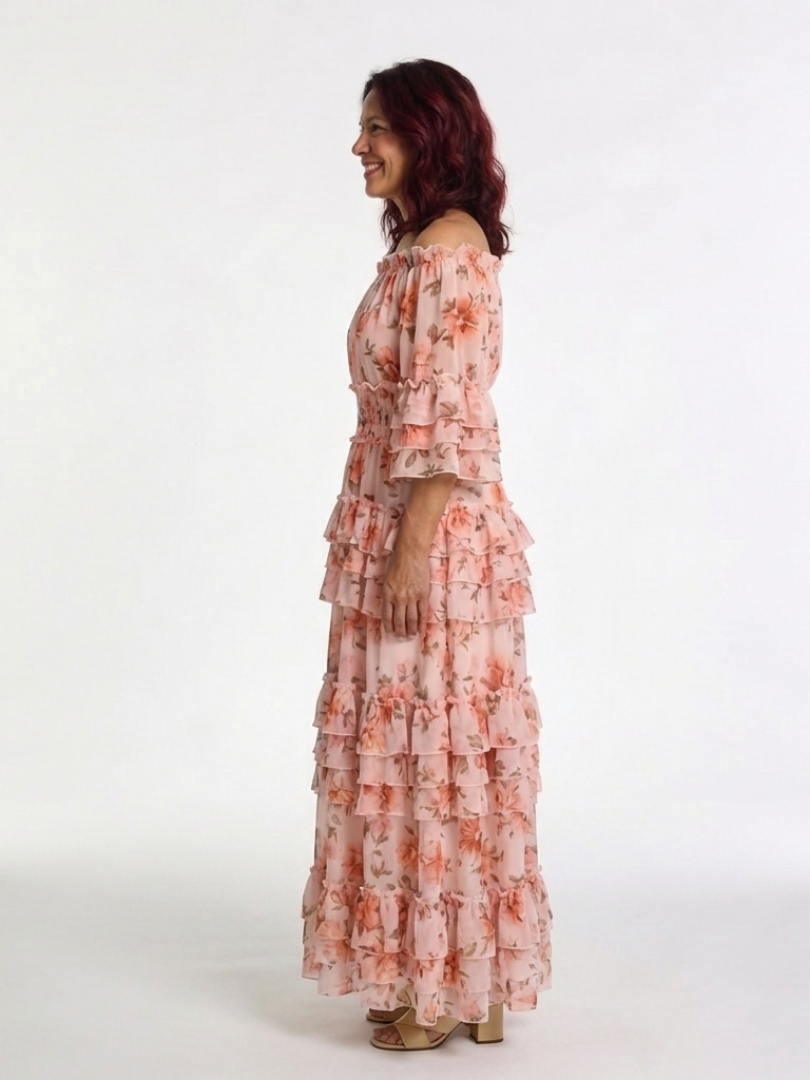 Rosalie | Vestido Maxi Floral con Volantes, Niveles y Hombros Descubiertos