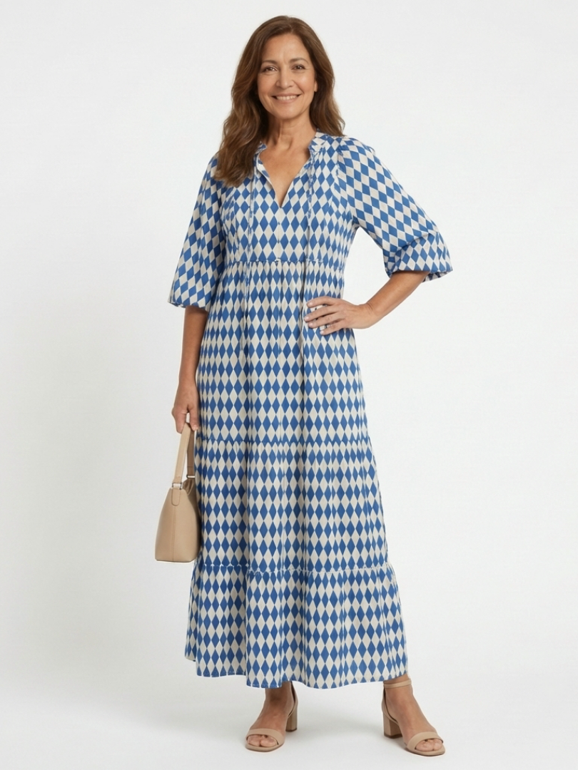 Elodie | Vestido Midi por Niveles con Estampado de Rombos