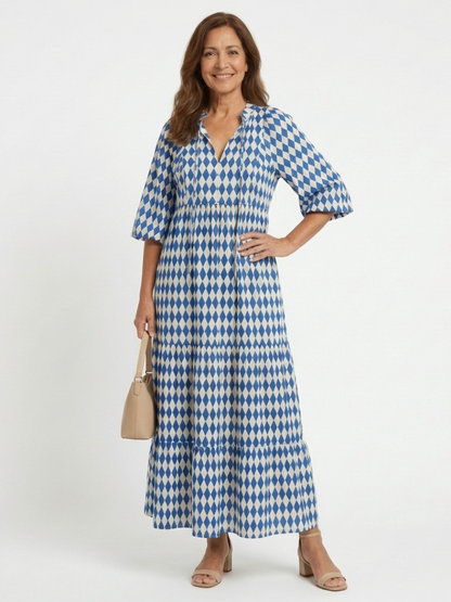 Elodie | Vestido Midi por Niveles con Estampado de Rombos