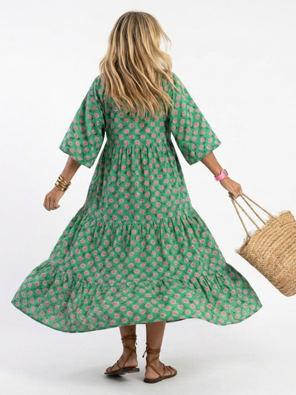 Fiora | Vestido Midi Floral por Niveles con Escote en V