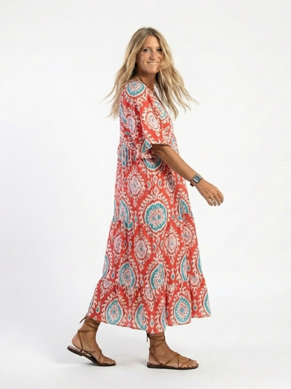 Zaria | Vestido Midi Paisley con Escote en V y Manga Corta