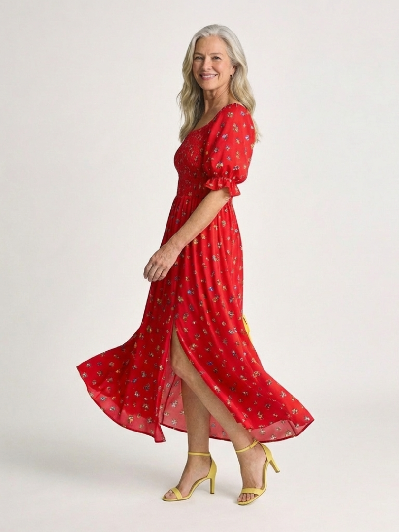 Delphine | Vestido Midi Floral con Cuello Cuadrado y Manga Abullonada