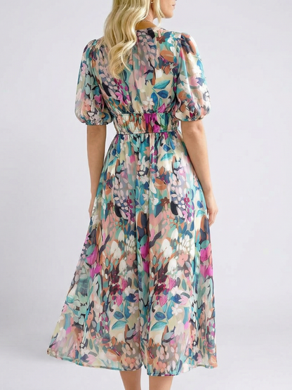 Eulalie | Vestido Midi con Escote en V, Manga Corta y Cintura Fruncida