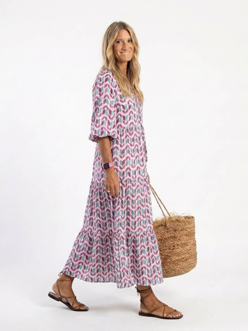 Mireya | Vestido Midi por Niveles de Manga Larga con Estampado Geométrico