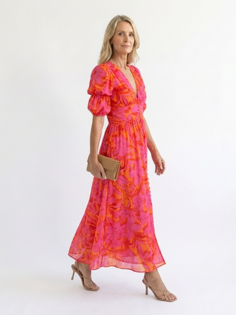 Willow | Vestido Midi Floral con Escote en V y Manga Abullonada