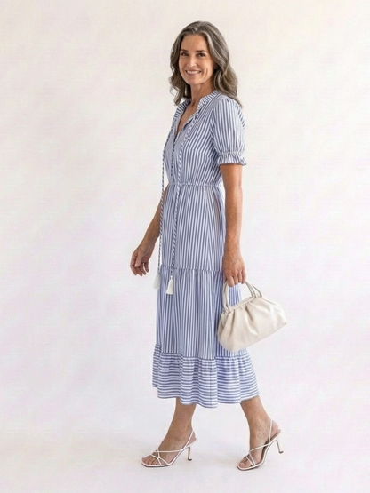 Dakota | Vestido Midi a Rayas por Niveles de Manga Corta