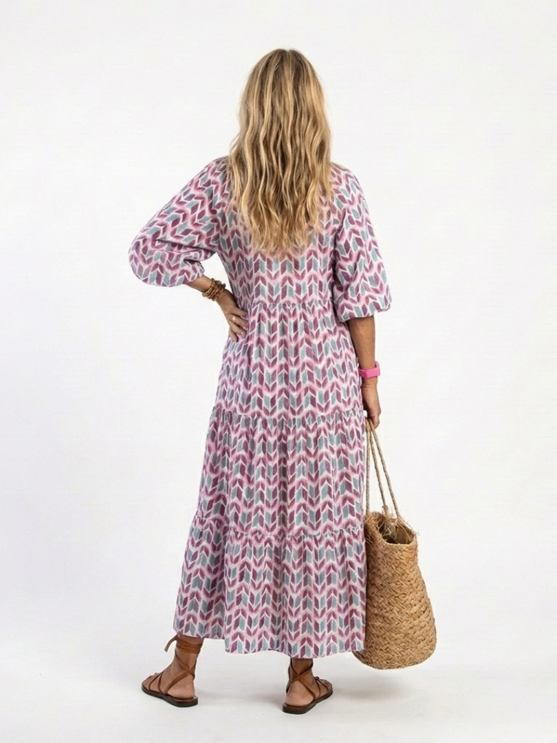 Mireya | Vestido Midi por Niveles de Manga Larga con Estampado Geométrico