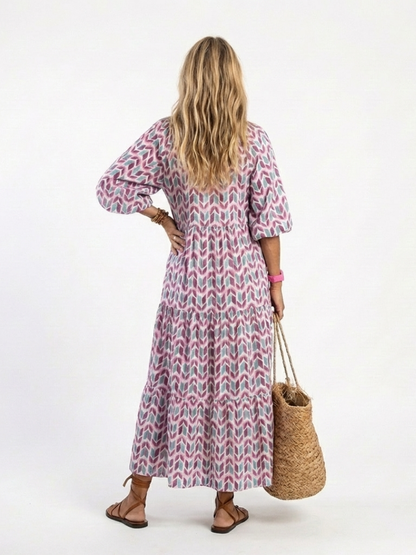 Mireya | Vestido Midi por Niveles de Manga Larga con Estampado Geométrico