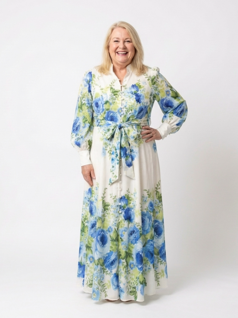Harper | Vestido Maxi Floral de Manga Larga con Botones Delanteros